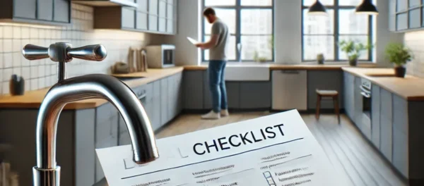 Dall·e 2025 03 19 07.23.30 a realistic image of a person checking an apartment using a detailed checklist. the scene shows them inspecting a kitchen, testing a faucet, and looki